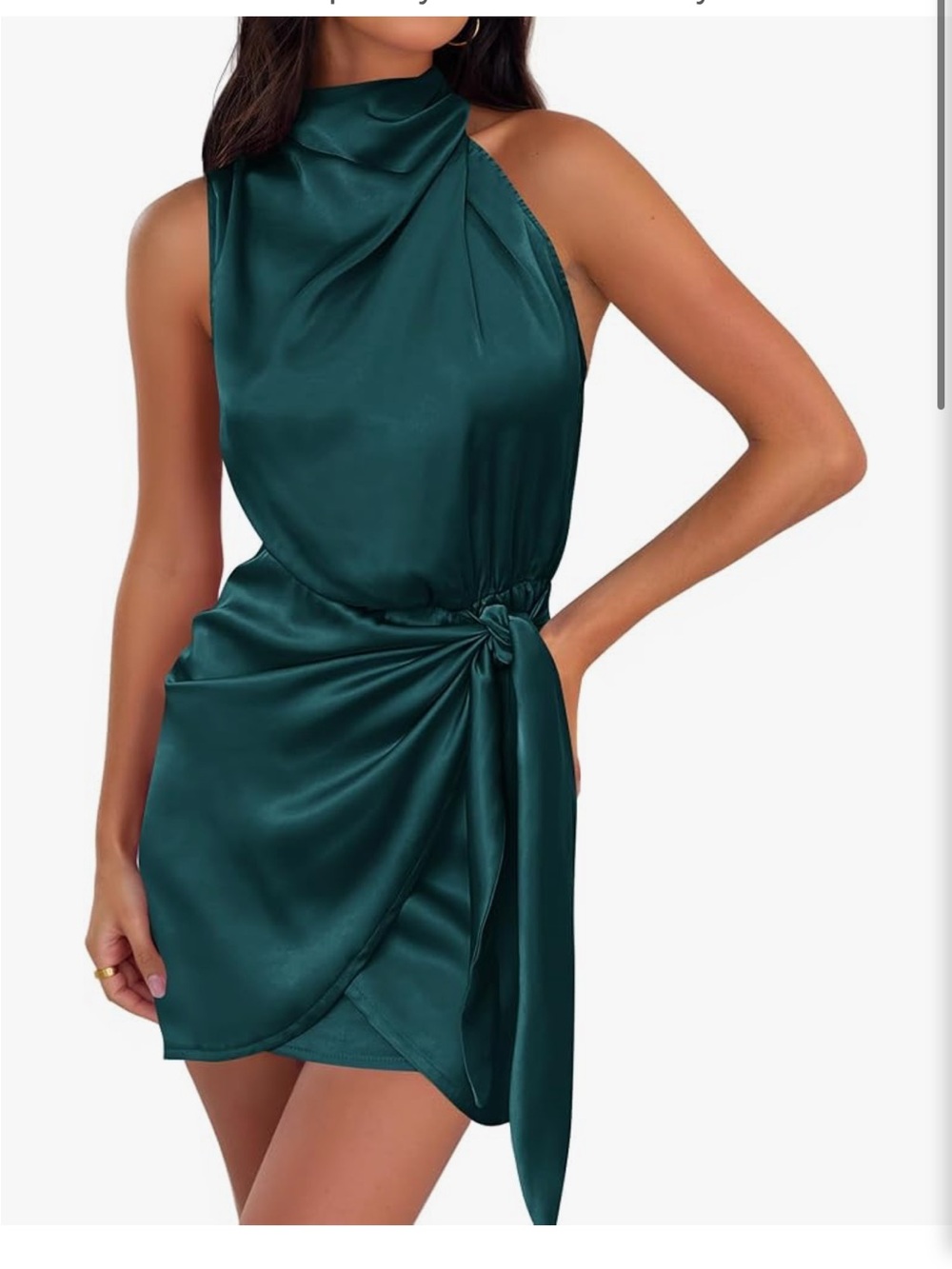 Satin Halter Neck Wrap Mini Dress in Emerald Green